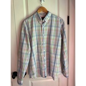 UNTUCKit Mens Large Cotton Plaid Button Down Shirt Pastel Green Blue Orange L